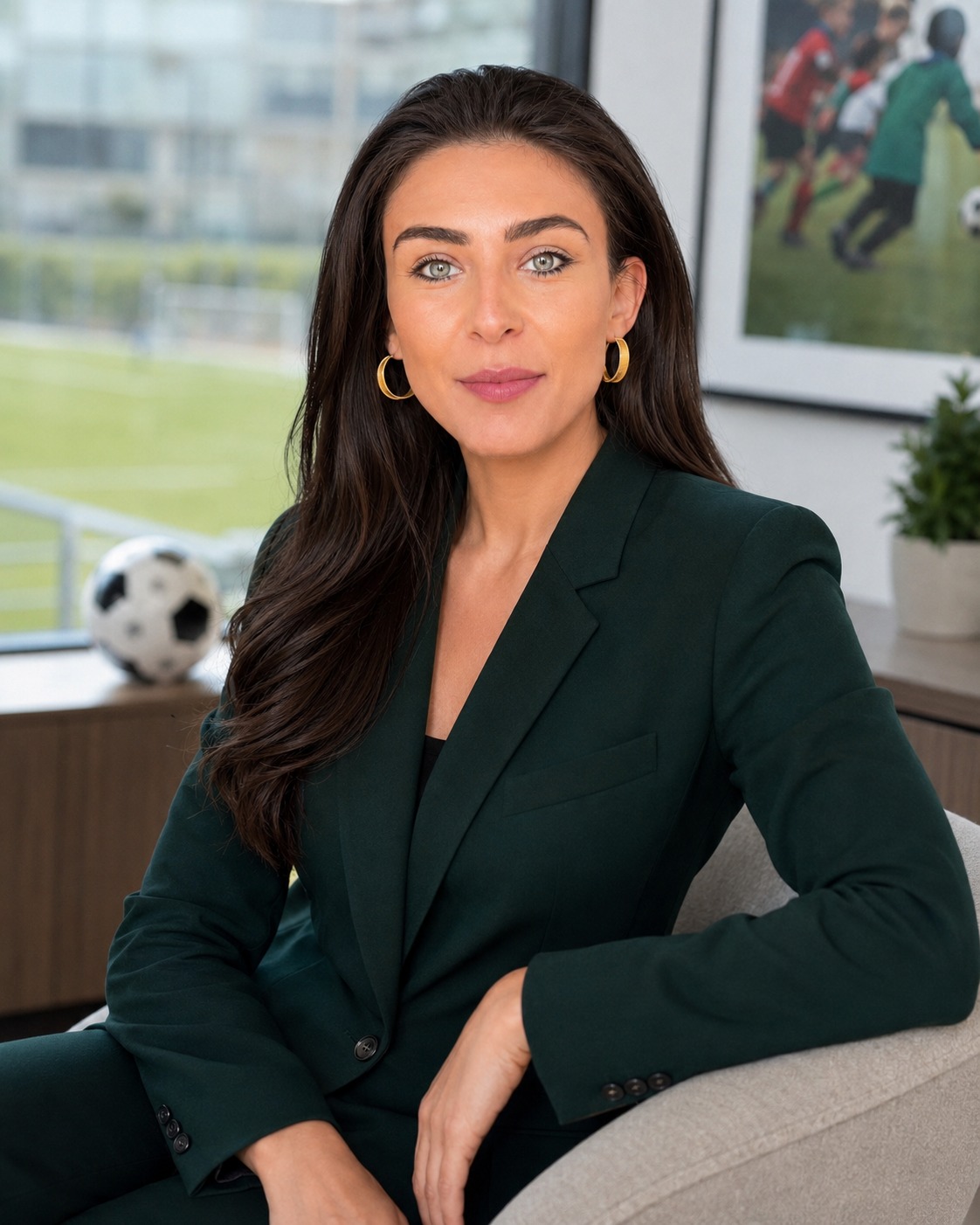 Maddie Valdez photographed in a sports-inspired office setting